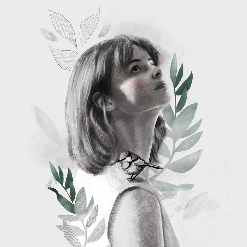 delicate digital portrait drawing with a bird in grey