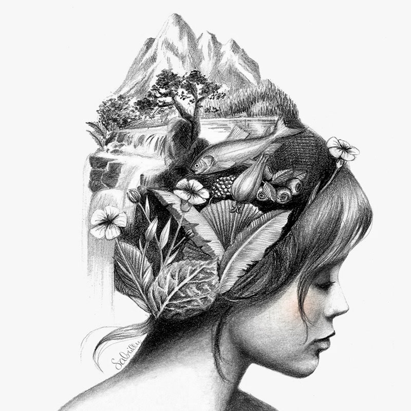 Pencil drawing of a beautiful woman with nature elements